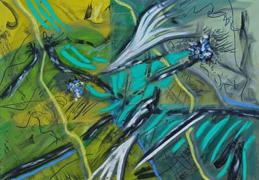 Watershed — green and teal abstract suggesting a river delta from above, acrylic, by Zanda