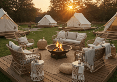 Luxury glamping site with firepit on top of a platform and comfortable outdoor furniture and tents