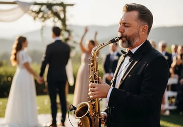 Saxophoniste en costume jouant pour un mariage avec les mariés en arrière plan