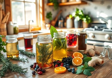various jars of colorful herbal syrups, surrounded by fresh herbs
