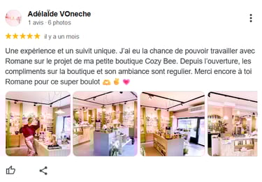 Un avis laissé par la cliente du magasin Cozybee concernant l'aménagement de sa boutique