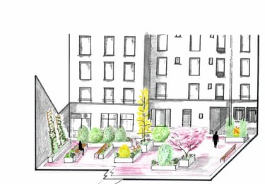 Vue axonometrique cour d'immeuble avec des jardinières et des bancs et des plantes grimpantes