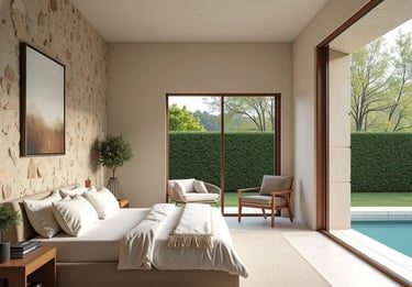 Luxury bathroom with freestanding soaking tub, large format stone tiles, and a serene spa-like atmos