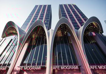 Landmark pavilion architecture featuring a sculptural canopy at the Dubai waterfront