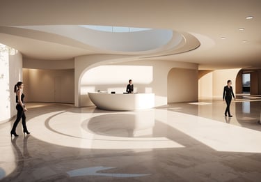 Luxury residential lobby architecture with sculptural lighting and flowing interior forms in Dubai M