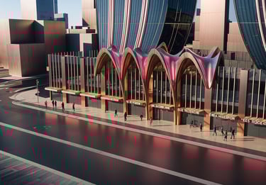 Landmark pavilion architecture featuring a sculptural canopy at the Dubai waterfront