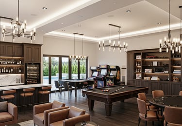 Private bar and lounge area with dark wood finishes, display shelving, and intimate seating.