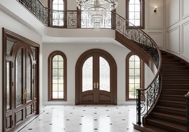 Bright family room with expansive windows, neutral tones, and garden views.