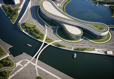 Aerial perspective of Lysandra Civic Centre showing green terraces and water-integrated design