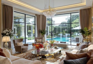 Elegant living room with coffered ceilings, plush seating, and refined decorative details.