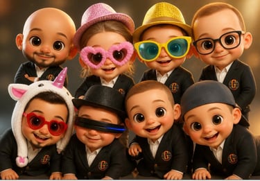 A group of cute, diverse cartoon toddlers dressed in stylish business suits and fun accessories like hats and glasses.