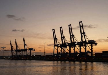 Wide cinematic frame, deep dusk light over a vast industrial port — container cranes silhouetted against a bruised amber and charcoal sky, still water reflecting the last light, no people visible, shot from low angle to emphasize scale and weight