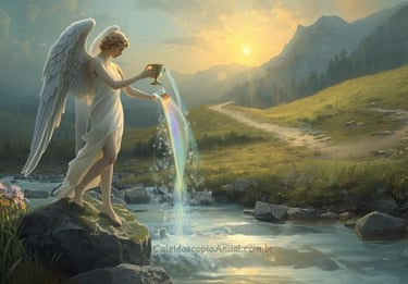 Temperança tarot: anjo alquímico vertendo líquido arco-íris entre cálices dourado e prateado