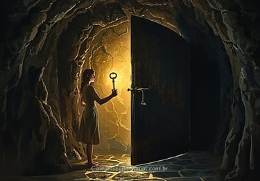 Pessoa em uma caverna percebendo que a chave que segura revela que as paredes são falsas.