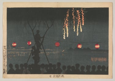 night view of fireworks and lanterns viewed over the river by Kiyochika Kobayashi