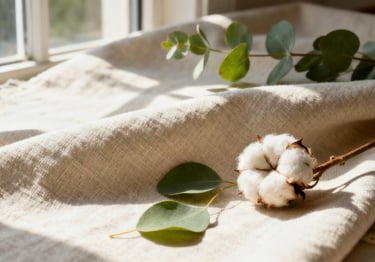 Texture close-up of eco-friendly rPET fabric for GWPs, with green leaves and cotton.