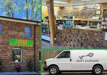 A hero image for Jack’s locksmith of a collage with the storefront in Burnsville, NC, and mobile locksmith services