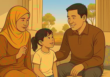 Malay parents praising their daughter in a bright Robinvale home, warm morning light, gum trees and red soil visible through 