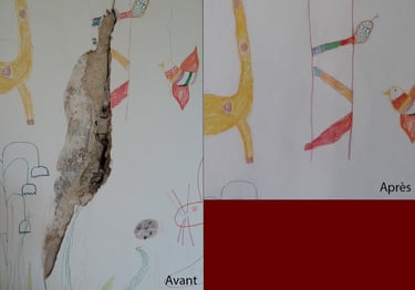 Restauration d'un mur peint avec des dessins d'enfants. Souvenirs maison familiale.