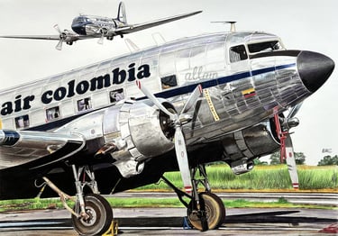 Dessin réaliste du DC-3 Air Colombia, avion ancien emblématique