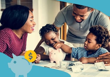 A happy family teaching their young children financial literacy and saving money in a pink piggy bank.