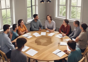 A group engaged in a lively community workshop, sharing ideas around a table.