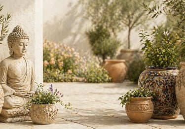 Serene garden patio with a stone Buddha statue, terracotta planters, and Mediterranean olive trees.
