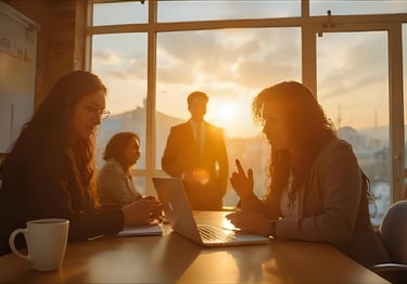 Work meeting showing professionals using English for job interviews and career growth