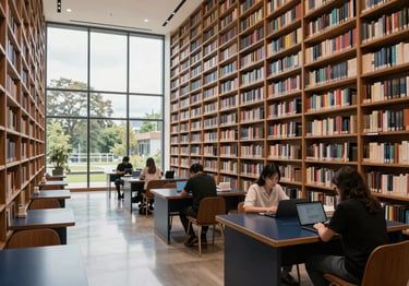 A modern library interior in Pirok with floor-to-ceiling wooden shelves housing 6,000 books. Large windows let in soft sky white light, reflecting off midnight blue study tables where students use laptops.