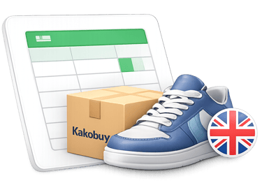 Kakobuy spreadsheet shopping illustration with sneaker box and UK badge