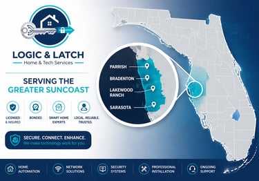 Logic and Latch service area map for Lakewood Ranch, Sarasota, and Parrish.