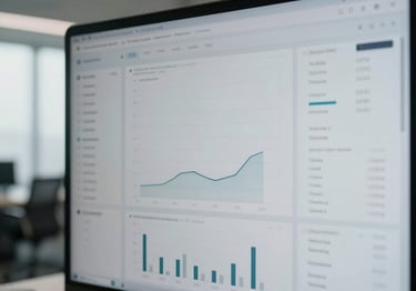 Abstract shot of a modern financial data dashboard on a screen, showing charts and numbers, with a subtle reflection of an empty, minimalist office. Desaturated cool tones.