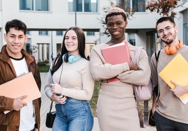 a group of students standing in front of a building