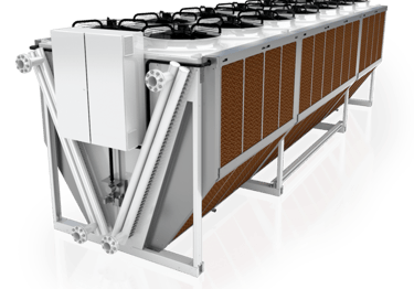 Industrial adiabatic dry cooler with cooling pads and axial fans.