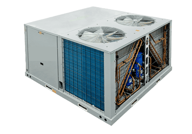 Industrial rooftop HVAC unit featuring large cooling fans and view of internal components.