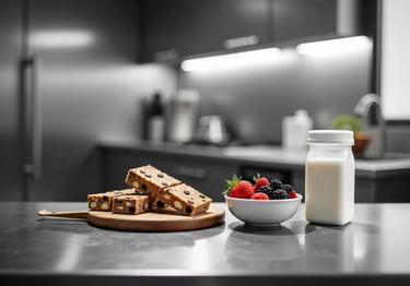 energy bar, berries and milk on a table