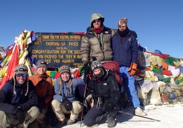 six trekkers at the Thurlong-la pass in Nepal