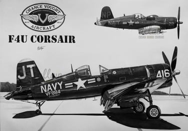 Dessin réaliste en noir et blanc d'un F4U Corsair