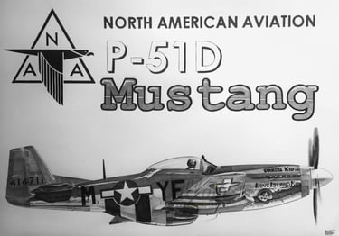 Dessin réaliste en noir et blanc d'un P-51D Mustang