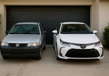 Volkswagen Gol antigo ao lado de um Toyota Corolla novo em garagem residencial
