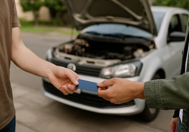Pessoa entregando cartão de crédito em frente a carro usado com capô aberto, sugerindo vistoria.
