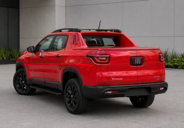 Fiat Toro Ultra 2026 vermelha vista traseira em ângulo com capota rígida