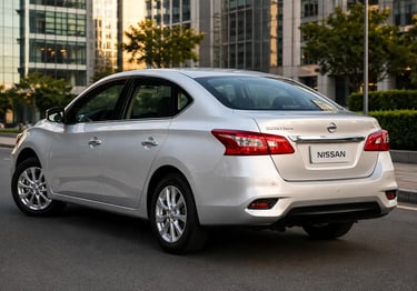 Nissan Sentra 2017 visto pela traseira em ângulo 3/4 com fundo urbano moderno