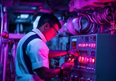 a man in a white shirt and suspender pants working on a machine