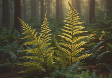 Close-up of fern leaves in a forest with soft light filtering through the trees.