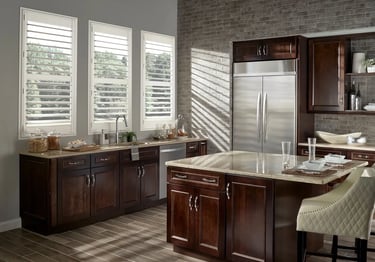 kitchen with dark wood cabinets and white plantation shutters – Rise Up Window Coverings Milwaukee