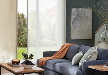 Custom sliding glass door shades in modern living room – Rise Up Window Coverings Milwaukee