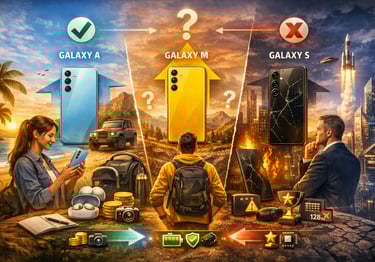 Comparação dos smartphones Samsung Galaxy das séries A, M e S com temas de estilo
