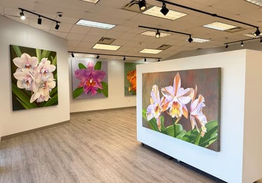 Gallery installation of museum-scale monumental botanical art by Christine Knize at North FL College