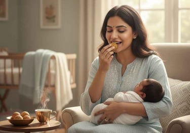 New mother enjoying nutritious homemade laddus while holding her baby, highlighting postpartum care and nourishment.